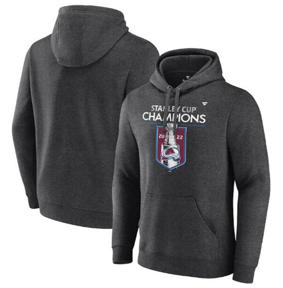 Men's Colorado Avalanche Heathered Charcoal 2022 Stanley Cup Champions Locker Room Pullover Hoodie - Click Image to Close